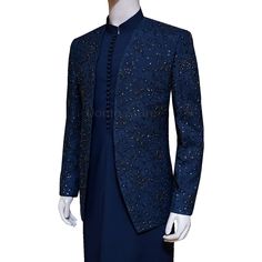 Description Elegance is not standing out, but being remembered, so get customize this Uomo Attire's elegant look open front fully embellished prince coat with same color kurta pajama for perfect look on your memorable day. This midnight blue luxury prince coat is made of premium quality fully embroidered fabric and hand embellished for a royal and unique look. This prince coat design is specially designed for luxury events like party, wedding and groom wear. Formal Attire For Men, Prince Coat, Blue Luxury, Custom Made Suits, Kurta Pajama, Groom Wear, Luxury Event, Shalwar Kameez, Embroidered Fabric