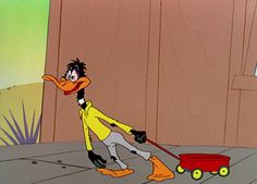 a cartoon duck pulling a red wagon behind it