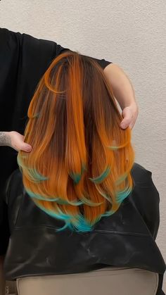 Instagram Ginger With Colored Streaks, Tie And Dye Hair, Ginger Hair With Blue Highlights, Tiger Hair Color, Fox Tips Hair Dye, Orange And Teal Hair, Copper And Blue Hair, Hair With Colored Tips, Foxy Hair Color