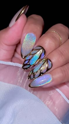 Instagram Cute Soft Nails Aesthetic, Unicorn Skin Nails, Chrome Foil Nails, Nail Polygel Design, Holographic Butterfly Nails, Girly Pop Nails, Layered Nail Art, Ethereal Nail Art, Chrome Art Nails