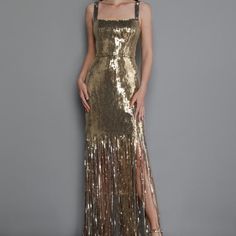 Bronx And Banco 2022 Gold Sequin Long Gown With Curtain Skirt On The Bottom, Brand New, Never Worn Sequin Long Gown, Curtain Skirt, Bronx And Banco Dresses, Gold Formal Dress, Bronx And Banco, Gold Maxi Dress, Gold Outfit, Vestidos Prom, Gala Dresses