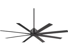 a ceiling fan that is black and has five blades on the blades, with one light on