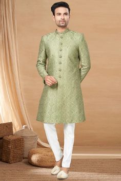 Green Color Fancy Fabric Designer Readymade Indo Western For Men Indo Western For Men, Fancy Fabric, Western Suits, Grey Trousers, Wear Green, Indo Western, Men's Wear, Green Fabric, Elegant Outfit