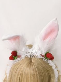 Add a touch of whimsical charm to your ensemble with our raspberries decorated white and pink bunny ears KC. Perfect for Lolita and Kawaii fashion enthusiasts, this head accessory features white and pink bunny ears adorned with sweet raspberry embellishments. Elevate your outfit with this playful and adorable accessory that captures the essence of cute and stylish fashion. Cute Adjustable Bunny Ears Hair Accessories, Cute Adjustable Bunny Ears Headband, Cute Spring Headband, Cute Spring Party Headband, Party Hair Accessories: Bunny Ears Headband, Cute Party Headband For Spring, Cute White Hair Accessories With Ears, Cute Spring Party Hair Accessories, Cute Spring Hair Accessories For Parties