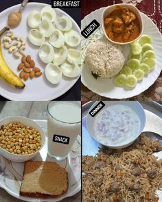 three pictures show different types of food on plates and in bowls, including rice, beans, meats, milk, and bread