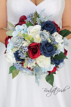 a bridal bouquet with red, white and blue flowers