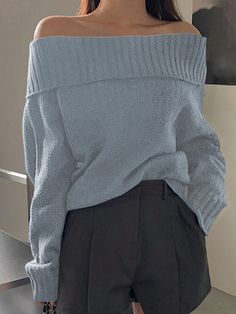 Women Solid Color Off-Shoulder Long Sleeve Loose Casual Sweater, Autumn/Winter Baby Blue Casual  Long Sleeve Knitwear Plain Pullovers Medium Stretch  Women Clothing, size features are:Bust: ,Length: ,Sleeve Length: Blue Off Shoulder Sweater, Velvet Lingerie, Fall Cardigans, Sweater Autumn, Casual Sweater, Winter Baby, Knitting Women Sweater, Cardigan Sweaters For Women, Casual Sweaters