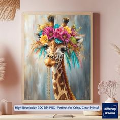 a painting of a giraffe with flowers on it's head is shown