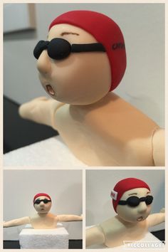 three pictures of a toy with sunglasses and a red hat