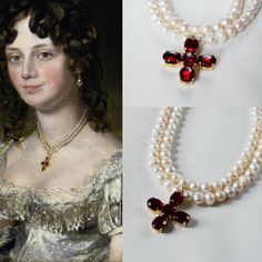 This necklace is based off the 1816 Portrait of Mary Fisher by John Constable shown in the first image. This style of a jeweled cross hanging from pearl strands is also common in the 18th Century, so it makes for a flexible piece of historical jewelry.It's available in 2 styles. The first (shown here) is an 18th Century version that is 13" long and features two rings on the end. It is clasped by tying a ribbon which allows for flexible sizing and for you to coordinate the ribbon with your outfit Bridgerton Jewelry, Gold Ruby Necklace, Baguette Diamond Necklace, John Constable, Ruby And Diamond Necklace, Era Fashion, How To Tie Ribbon, Good Luck Necklace, Beautiful Beach Wedding