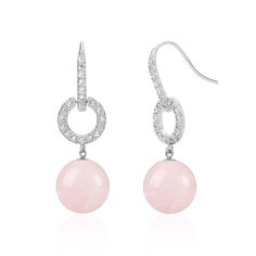 "Make a style statement with these light pink drop dangle earrings for women featuring 10 mm round rose quartz stones hanging from cubic zirconia accented ear wires. Perfect pair for an event out, weddings and special occasions. PRODUCT INFORMATION - METAL: Sterling Silver - PLATING - Rhodium plated for shine, durability and a tarnish resistant finish - LENGTH: 1.5\" or 38MM - WIDTH: 0.4\" or 10MM - DROP LENGTH: 1.25\" or 30MM - EARRING BACKING: Ear wire - GEMSTONE: Rose Quartz - STONE CUT: Roun Pink Drop Earrings With Ear Wire, Elegant Pink Sterling Silver Diamond Earrings, Pink Teardrop Pearl Earrings, Pink Round Chandelier Earrings For Wedding, Pink Chandelier Earrings For Wedding, Elegant Pink Chandelier Earrings For Formal Occasions, Elegant Pink Chandelier Earrings For Formal Events, Elegant Pink Round Chandelier Earrings, Pink Sterling Silver Drop Pearl Earrings