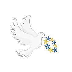 a white dove with blue and yellow flowers in it's beak, flying through the air