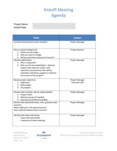 a table with the words kick off meeting agenda