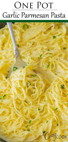 one pot garlic parmesan pasta in a skillet