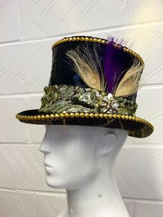 Black and Gold sequin LED top hat with feathers for festival wear by Love Khaos Desert Hearts, Steampunk Hats, Festival Hats, Hat Bands, Hobby Horses, Master Of Ceremonies, Hobbies For Men, Festival Hat, Burning Man Festival