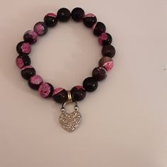 Pink And Black Beads Bracelet Filgree Heart Charm Elegant Pink Beaded Bracelets With Heart Beads, Elegant Pink Heart Beaded Bracelets, Elegant Pink Heart-shaped Beaded Bracelets, Pink Jewelry With Black Beads For Gift, Elegant Pink Beaded Bracelet With Heart Charm, Elegant Purple Bracelets With Heart Beads, Pink Beaded Bracelets With Heart Charm, Elegant Pink Beaded Heart Bracelet, Pink Stretch Bracelet With Heart Charm And Round Beads