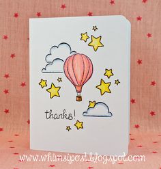 a card with a hot air balloon and stars in the sky that says thanks on it