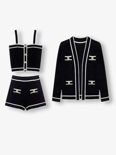 Gstaad three piece set Knit Set Outfit, Female Packing List, Chic Outfits Classy, Ski Shirts, Elegant Clothing, Collar Vest, Clothing Pieces, Elastic Shorts, Three Piece Suit