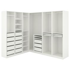 an open white closet with drawers and shelves