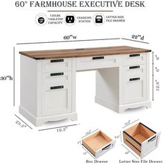 an image of a desk with drawers on it and the measurements for each drawer in front