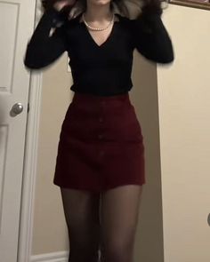 Burgundy Clothes Aesthetic, Dark Red Skirt Outfit, Red Skirt Outfit Aesthetic, Dark Red Outfit Aesthetic, Maroon Top Outfit, Dark Red Outfit, Mini Skirt Outfit Aesthetic, Dark Red Skirt, Virgo Outfits