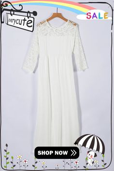 White Plus Size 3/4 Lace Sleeve Yoke Maxi Dress White Casual Maxi Dress With 3/4 Sleeves, Casual White Maxi Dress With 3/4 Sleeves, Spring White Half Sleeve Maxi Dress, White Half Sleeve Maxi Dress For Spring, Spring Maxi Dress With 3/4 Sleeves, White Dress With 3/4 Sleeve For Fall, Maxi Dress Plus Size, Clothing Plus Size, Dress Plus Size