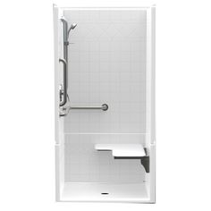 a white shower with no door and shelves