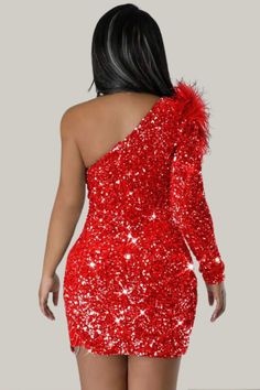 Step into the spotlight with our Divine Embellished One-Shoulder Sequin Dress in ravishing red. Perfect for party glamour, this bodycon dress is adorned with contrast sequins, delivering a luxurious sparkle to every step. The asymmetrical neck and leg-of-mutton sleeves add a touch of drama, while ruched details and a seductive split showcase your style prowess. The high-stretch sequin fabric ensures a snug yet comfortable fit, embracing your natural waistline and tapering into a chic pencil hem. Long Sleeve Sequin Party Dress, Holiday Club Sequin Dress With Contrast Sequins, Holiday Contrast Sequin Dress For Club, Holiday Contrast Sequin Club Dress, Glamorous Holiday Sequined Bodycon Dress, Red Prom Dress With Contrast Sequin, One-shoulder Glamorous Sequin Prom Dress, Glamorous One Shoulder Dress For Club, Red Contrast Sequin Evening Dress