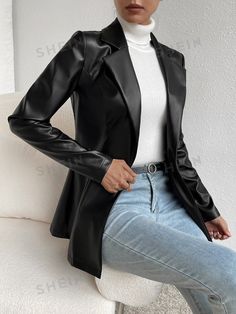 Style:Elegant \nDetails:Button \nNeckline:Lapel \nPlacket:Single Button \nSleeve Type:Regular Sleeve \nColor:Black \nPattern Type:Plain \nSleeve Length:Long Sleeve \nLength:Regular \nTemperature:Spring/Fall (18-25℃/63-77℉) \nPockets:No \nBody:Unlined \nFit Type:Regular Fit \nFabric:Medium Stretch \nMaterial:PU Leather \nComposition:50% Polyester \nComposition:50% Polyurethane \nCare Instructions:Machine wash, do not dry clean \nSheer:No \n Black Blazer For Women, Short Black Jacket, Blazer For Women, Clothing Retail, Influencers Fashion, Jacket For Women, Blazer Outfits, Blazer Fashion, Black Leather Jacket