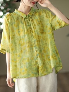 High Design, Half Sleeve Tops, Plus Size Vintage, Comfortable Room, Yellow Print, Women Shirt, Loose Blouse, Summer Fabrics, Mid Dresses