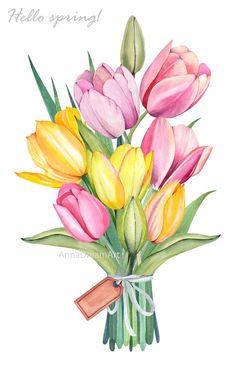 a watercolor painting of tulips in a vase with the words hello spring