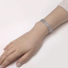 Retro / vintage inspired elegantly slim platinum 950 bracelet. Radiant cut white round natural diamonds 10.63 ct. Diamonds in G-H Color Clarity VS. Length: 18 cm Width: 1.1 cm Weight: 37.6 g [shortcode] [video] [/video] [/shortcode] Platinum Bracelet, 18k Gold Jewelry, Zambian Emerald, White Gold Bracelet, Radiant Cut, Link Bracelets, Ring Earrings, Precious Stones, Diamond Bracelet