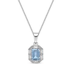 This lovely gemstone necklace is just her sparkling style. The octagon-shaped pendant showcases an emerald-cut Swiss blue topaz wrapped in a frame of white lab-created sapphires in round and baguette cuts. Created in sterling silver, this pendant suspends along an 18-inch box chain that secures with a spring ring clasp. Rectangular Diamond Gemstone Necklace, Silver Baguette Cut Birthstone Jewelry, Silver Jewelry With Baguette Diamonds In Rectangular Shape, Elegant Octagon Birthstone Jewelry, Octagon Necklace With Diamond Accents For Gifts, Elegant Octagon Birthstone Necklace, Classic Octagon Necklaces With Diamond Accents, Elegant Octagon Gemstone Necklace, Octagon Baguette Diamond Jewelry Gift