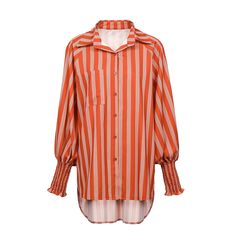 Orange Striped Button Long Sleeve Mid-length Shirt Striped Shirt With Button Cuffs For Fall, Oversized Orange Long Sleeve Shirt, Oversized Orange Shirt With Long Sleeves, Oversized Long Sleeve Orange Blouse, Oversized Orange Long Sleeve Blouse, Trendy Orange Long Sleeve Shirt, Fall Striped Button-up Shirt, Orange Long Sleeve Top With Buttons, Striped Button Blouse For Fall