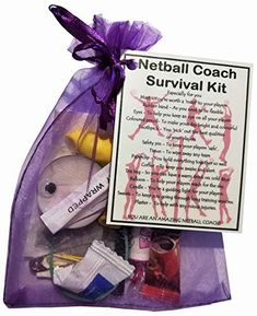 a purple bag filled with personal items and a sign that says netball coach survival kit