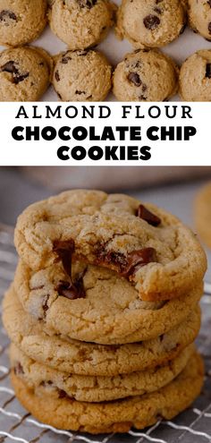 chocolate chip cookies stacked on top of each other with text overlay reading almond flour chocolate chip cookies