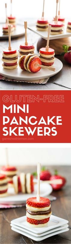 mini pancake skewers with strawberries on them and the words gluten - free