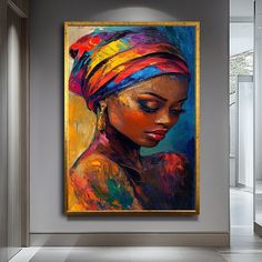 a painting of a woman wearing a colorful turban in a room with grey walls