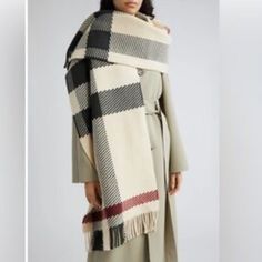 Brand New With Tag Original $1,050+ Lowballs Not Accepted :) Burberry Super Jumbo Sized Plaid Check Scarf In 100% Wool Size: 202 X 50 (Approx 79.5” X 23.2”) Color Name: Stone (Beautiful Cream Oat Color Mixed With Classic Black And Burberry Red Check) This Is The Absolute Coziest, Thickest Jumbo Blanket Style Scarf Tons Of Ways To Wrap And Wear Wear On The Neck, Over The Shoulder, Wrapped Around Like A Blanket Shawl, Etc. Oat Color, Light Fringe, Designer Names, Check Scarf, Burberry Plaid, Blanket Shawl, Blanket Coat, Style Scarf, Checked Scarf