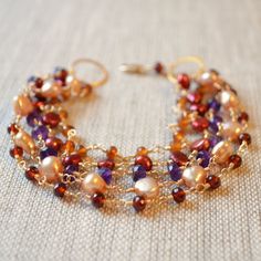 Freshwater Pearl and Gemstone Bracelet for Women Multi - Etsy Denmark Spessartite Garnet, Elegant Bracelet, Amethyst Bracelet, Custom Earrings, Fall Jewelry, Champagne Gold, Bracelet For Women, Faceted Gemstones, Multi Strand