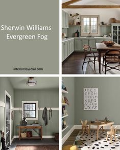 the interior of a kitchen and dining room painted in sherylin williams's evergreen fog