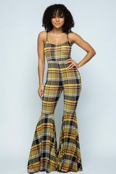 Plaid jumpsuit with wide ruffle bottom Fitted Sleeveless Overalls For Fall, Chic Flare Jumpsuits And Rompers For Spring, Chic Spring Flare Jumpsuits And Rompers, Fall Fitted Jumpsuits And Rompers With Ruffles, Chic Plaid Jumpsuits And Rompers For Summer, Chic Summer Plaid Jumpsuits And Rompers, Chic Plaid Jumpsuit For Summer, Spring Flare Fitted Jumpsuits And Rompers, Casual Stretch Jumpsuits And Rompers With Ruffles