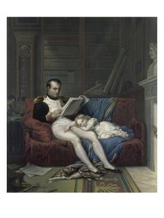 a painting of a man reading to a woman sitting on a couch in front of a bookcase