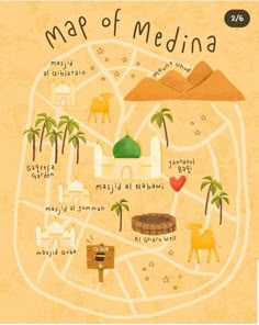 a map with different places to see in the desert, including camels and palm trees