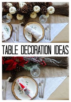 the table is set with white plates and silverware, red napkins, pine cones, and greenery