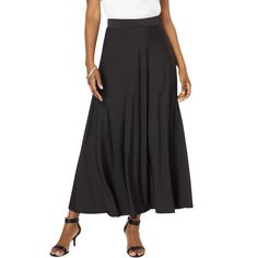 Easy from waist to hem with a flowing silhouette. Black Stretch A-line Bottoms, Flowy Wide Hem Maxi Skirt, Elegant A-line Bottoms With Elastic Waistband, Chic Flowy Maxi Skirt With Wide Hem, Chic Maxi Skirt With Wide Hem, Elegant Flowy Maxi Skirt With Wide Hem, Elegant Flowy Skirt With Wide Hem, Elegant Bottoms With Lined Skirt And Wide Hem, Elegant Skirt With Wide Hem