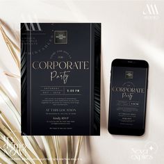 a phone next to a black and gold corporate brochure on a white background