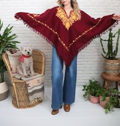 Vintage Embroidered Poncho | Open Size | Crimson  Bohemian Hippie Shawl Top | Fringe Pullover Boho Cape | Floral Kashmiri Soft Wool Fabric Hippie Shawl, Embroidered Poncho, Boho Cape, Shawl Top, Embroidered Cape, Gimme Shelter, Model Reference, Ladies Poncho, Fabric Stars