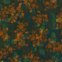 an orange and green floral pattern on a black background, with lots of small leaves