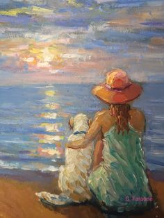 a painting of a woman and her dog sitting on the beach watching the sun go down